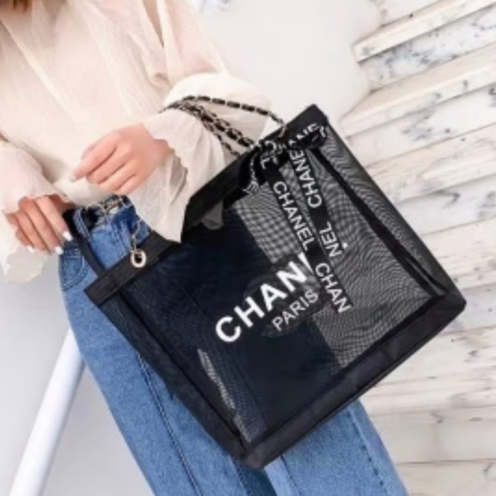 CHANEL Black Mesh Tote with Gold Chain - Picture 5 of 15